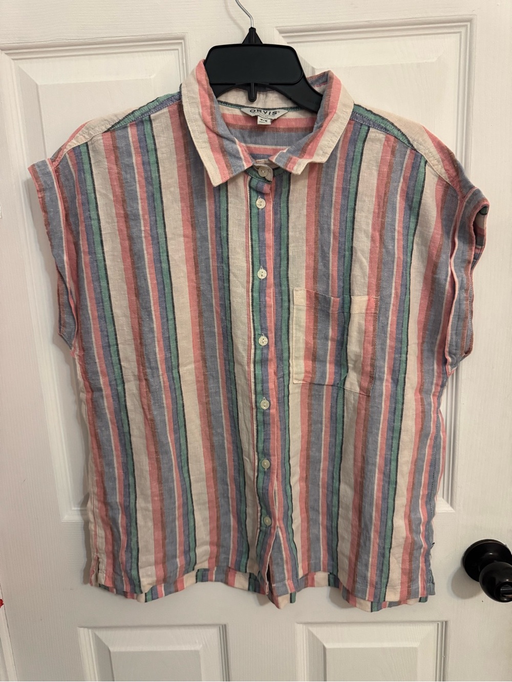 Orvis Pink Blue Green Cream Striped Short Sleeve Button-Down Shirt